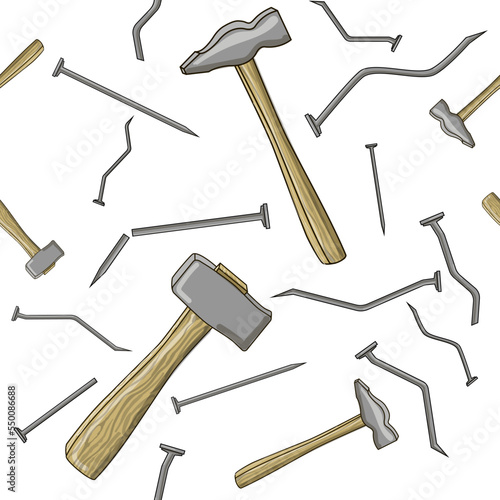 Seamless pattern of nails and hammers. Hammers and nails in cartoon style. Vector illustration