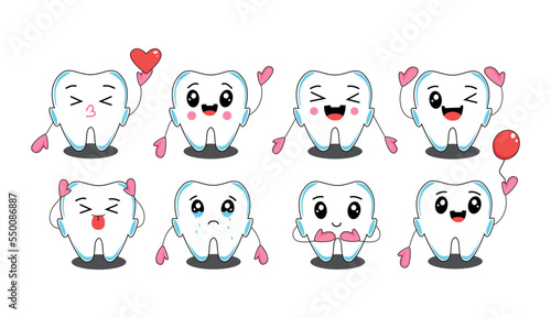 White tooth illustration icon vector graphics kawaii emotions sad cheerful happy teeth set