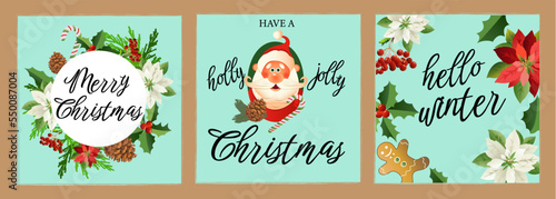 Happy New Year and Merry Christmas! Сute illustrations of cheerful Santa Claus with gifts in winter, greeting cards