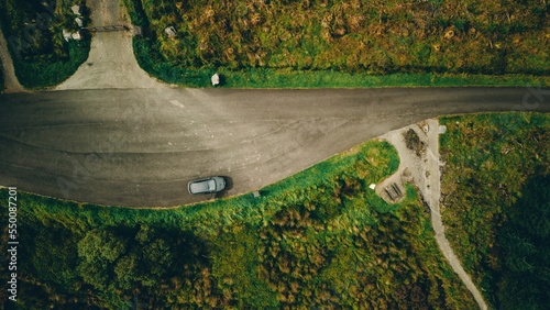Top view of a car in scenic drive of Gortin Glens Forest Park Omagh Ireland photo