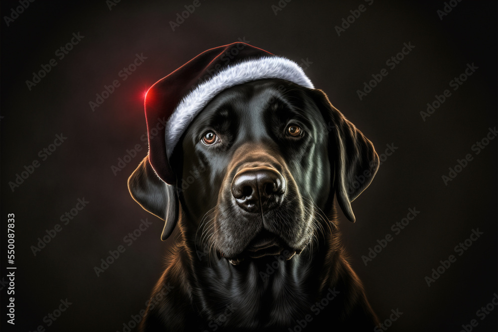 festive Christmas with a black Labrador dog with a Santa hat on dark background