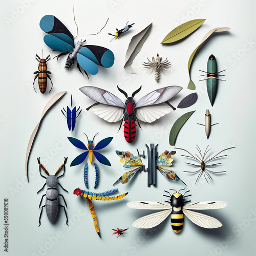 3D Layered Paper Cut Illustration of Insect Collection in Knolling Pattern photo