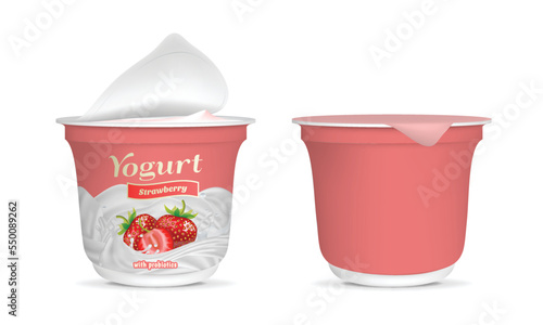 Realistic Detailed 3d Open Strawberry Yogurt Packaging Container and Empty Template Mockup Set. Vector illustration of Yoghurt