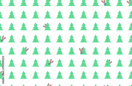 New year and Christmas trees pattern. Rabbits. Banner. Seamless. 