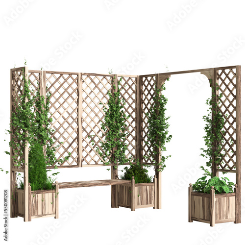 3d illustration of bench planter with trellis isolated on black background