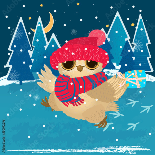 Funny owl is walking through the winter forest carrying a gift. Happy New Year and Christmas greeting card in cartoon style. vector illustration