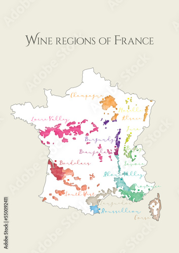 Wine map of France. France wine regions, wine regions in France. Champagne, Loire, Burgundy, Beaujolais, Bordelais, Languedoc, Roussillion, Corse, Rhone, Provence, Savoie, Bugey, Jura, Alsace, Moselle