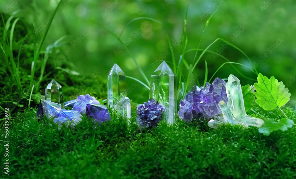 Crystals close up on moss, mysterious dark natural blurred background. set of amethyst and clear quartz minerals for Magic crystal Ritual. meditation, Witchcraft, esoteric spiritual practice - obrazy, fototapety, plakaty 