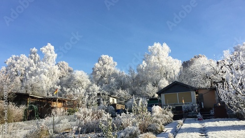 Country house in the winter. Over the house is blue sky. Cottage in winter. The trees and busches covered with snow. photo