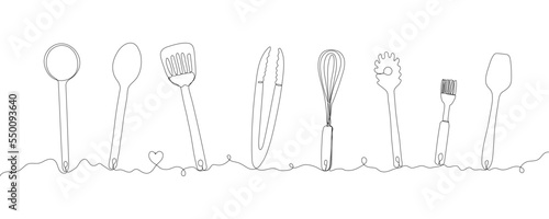 One continuous line drawing of food tools. Hand drawn sign cafe. Doodle vector illustration