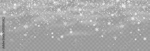 Christmas snow. Falling snowflakes on png background. Vector heavy snowfall. White snowflakes flying in the air. Snow flakes, snow and blizzard. Vector illustration isolated on transparent.