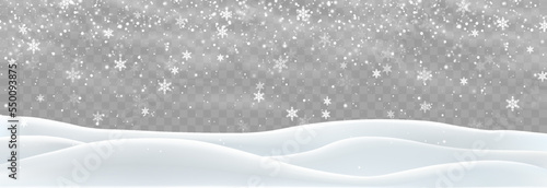 Snowdrifts isolated on png background. Snow landscape decoration, frozen hills. Empty snowbanks field. Christmas vector illustration. Transparent background.