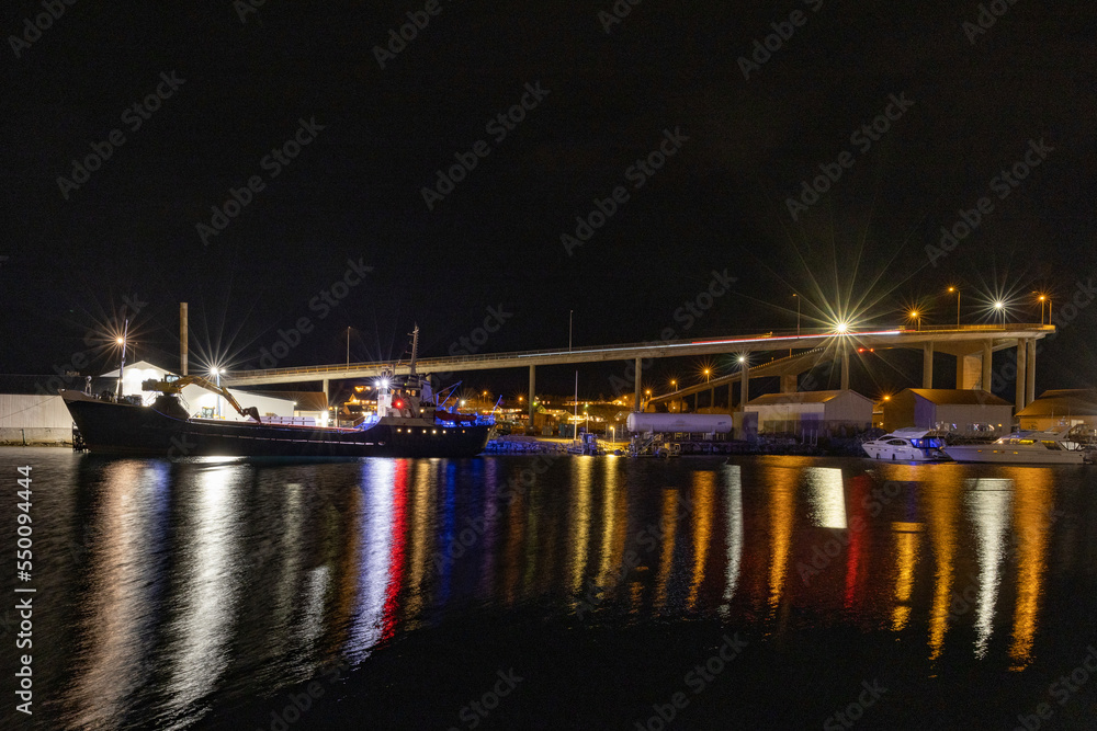 Brønnøysund bridge.Light and colors in Brønnøysund harbor area, Nordland county, Norway, Europe	
