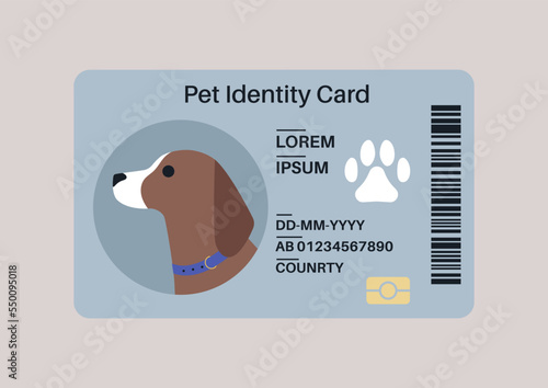 A plastic pet ID card, travel and medical document
