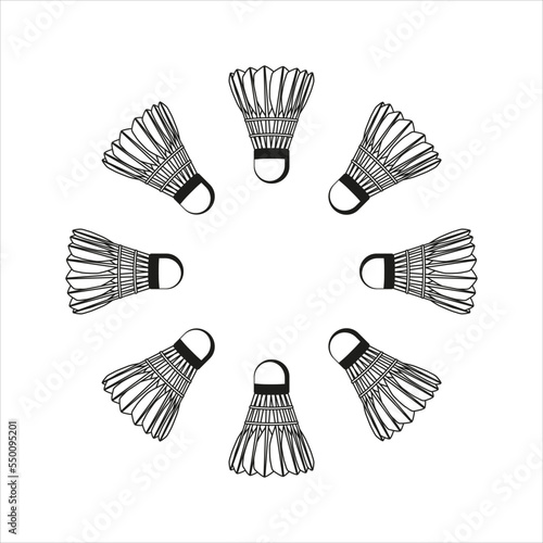 Flat shuttlecocks black silhouettes, vector illustration isolated on white background. Essential badminton sport game equipment. Vector icon for app