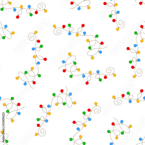 Christmas colorful multicolored lights curly string garland seamless pattern simple doodle hand drawn vector illustration, flat style image for winter New Year holiday, birthday events design.