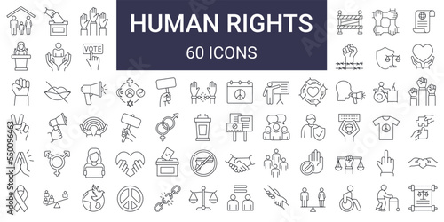 Set of 60 Human Rights line icon. democracy, equality of rights, tolerance, activism, freedom. Editable stroke