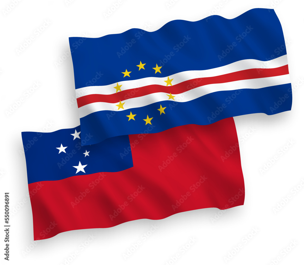 National vector fabric wave flags of Independent State of Samoa and Republic of Cabo Verde isolated on white background. 1 to 2 proportion. National vector fabric wave flags of Independent State of Samoa and Republic of Cabo Verde isolated on white background. 1 to 2 proportion.