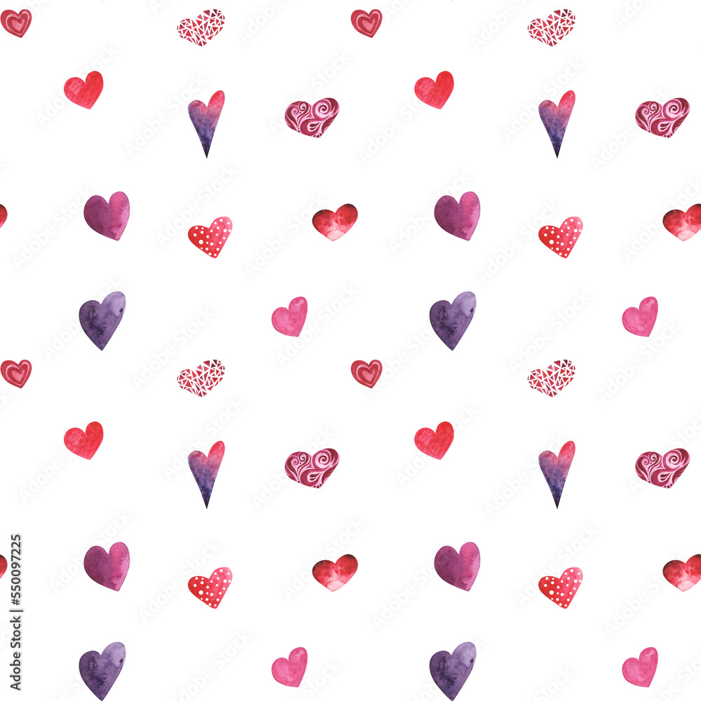 Romantic watercolor seamles patern with red pink hearts