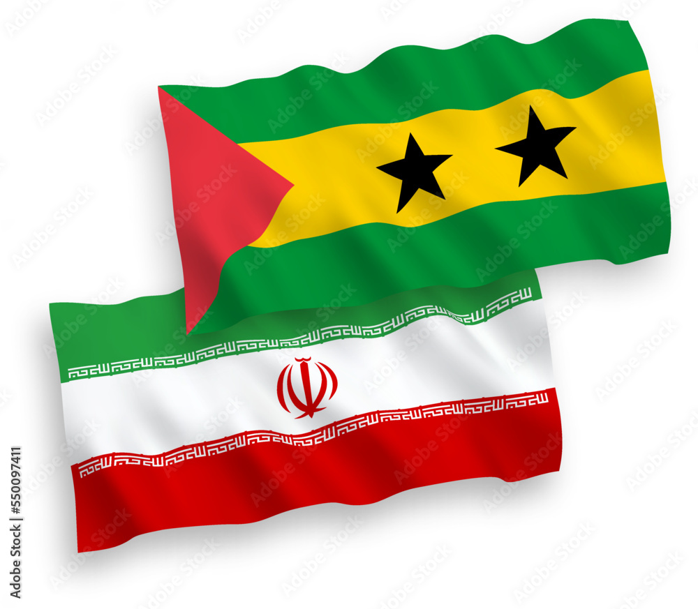 National vector fabric wave flags of Saint Thomas and Prince and Iran isolated on white background. 1 to 2 proportion. National vector fabric wave flags of Saint Thomas and Prince and Iran isolated on white background. 1 to 2 proportion.