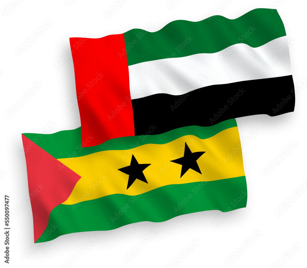 National vector fabric wave flags of Saint Thomas and Prince and United Arab Emirates isolated on white background. 1 to 2 proportion. National vector fabric wave flags of Saint Thomas and Prince and United Arab Emirates isolated on white background. 1 to 2 proportion.