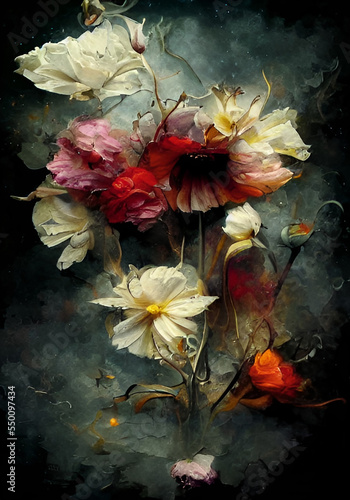 Art illustration of a bouquet of chamomile and red flowers on a dark background. painting imitation