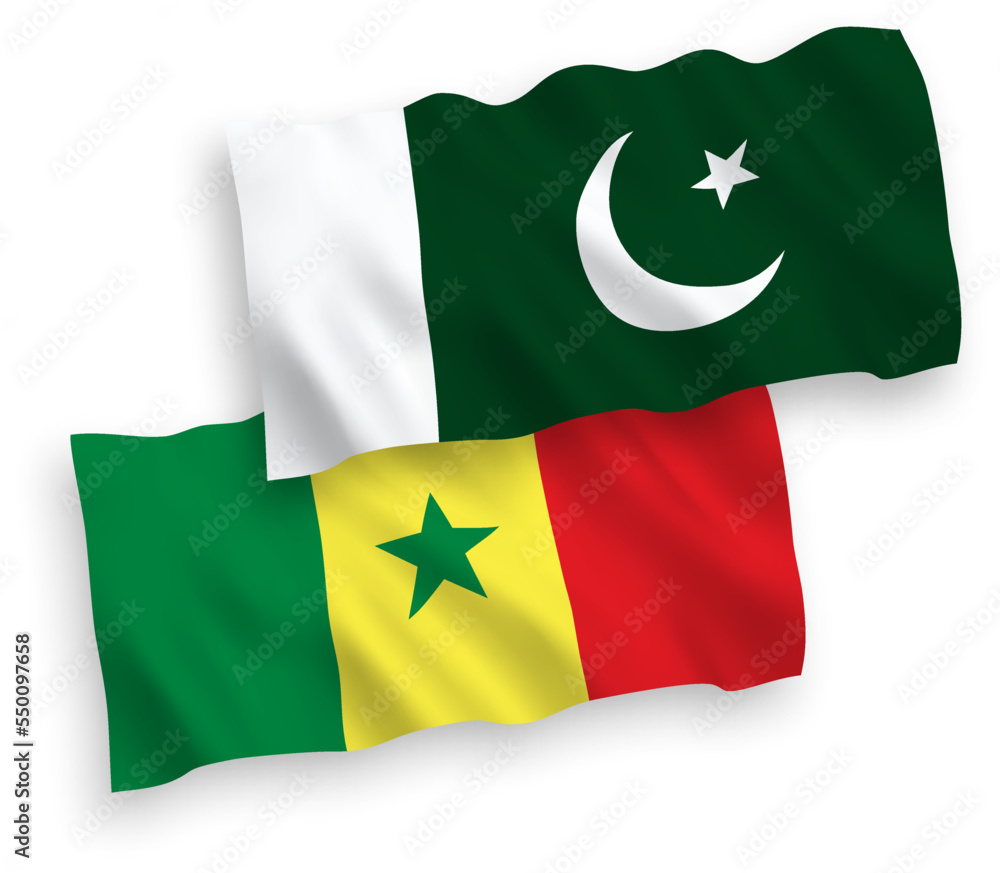 National vector fabric wave flags of Republic of Senegal and Pakistan isolated on white background. 1 to 2 proportion. National vector fabric wave flags of Republic of Senegal and Pakistan isolated on white background. 1 to 2 proportion.