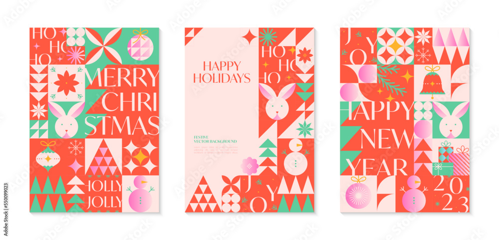 Naklejka premium Christmas and Happy New Year greeting banners templates.Festive vector backgrounds in bauhaus style.Traditional winter holiday symbols.Xmas trendy designs for branding,invitations,prints,social media
