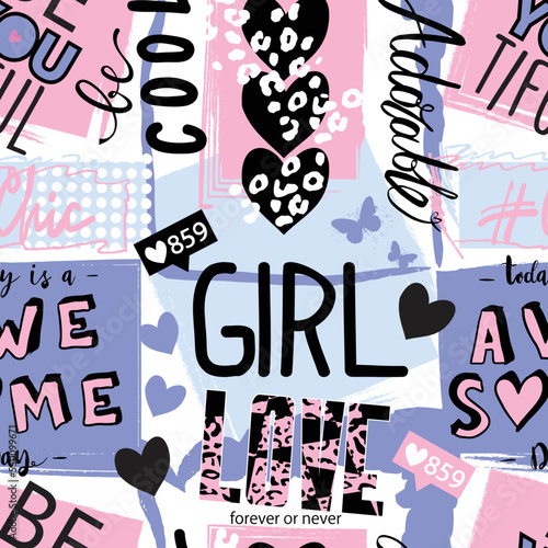 Girls seamless pattern with calligraphic slogan, hearts, words  . background ...