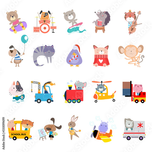 Fototapeta Naklejka Na Ścianę i Meble -  A collection of cute animal cartoon images suitable for birthday cards, invitations and children's clothing designs