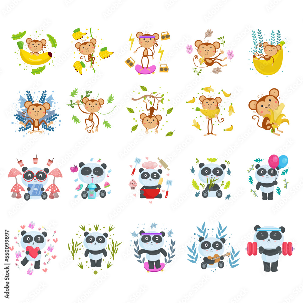 Fototapeta premium A collection of cute monkey and panda cartoon animal images suitable for birthday cards, invitations and children's clothing designs