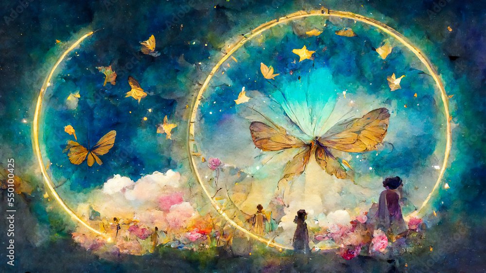 A magical sky filled with pink stars is featured in an astrological circular zodiac. The landscape features fairy figures and butterflies, likely announcing a reading of the fairy stars.