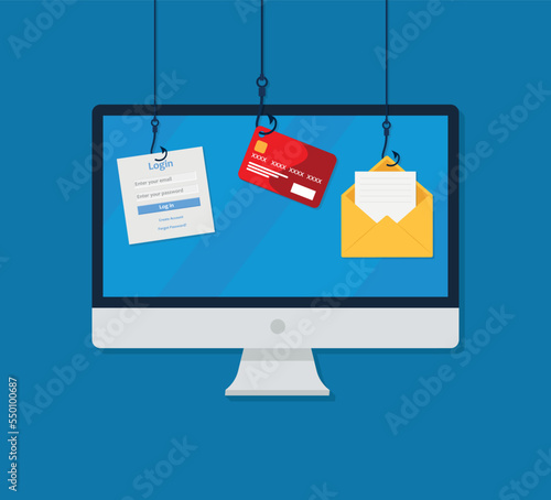 Internet Phishing, Account Hacking Attempt During Online Payment - Hacker Activity, Data Theft, Hacked, Stolen Login Credentials, Password, Credit Card Data - Cyber Crime and Security Vector Concept