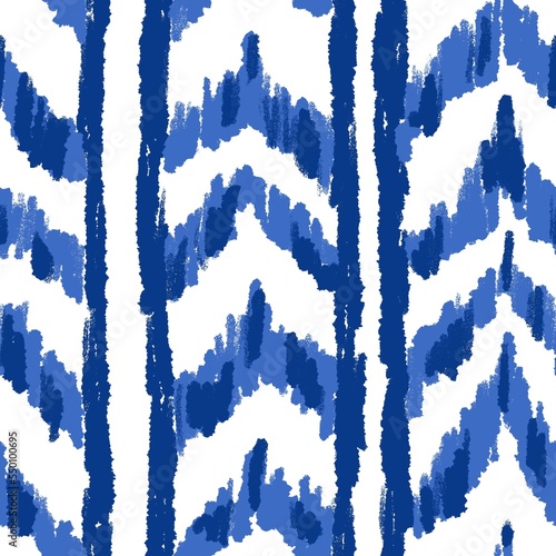 Hand drawn seamless pattern with ikat ethnic traditional indonesian fabric print. Blue indigo abstract geometric stripes lines design mid century modern splash stroke vibrant nautical print. photo