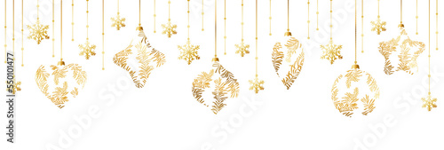 Christmas Poster of Christmas Background with golden Christmas decorations on white.