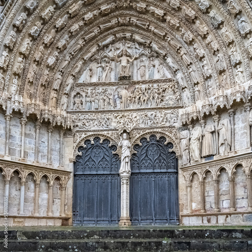 Bourges, medieval city in France, Saint-Etienne cathedral, main entry with saints statues