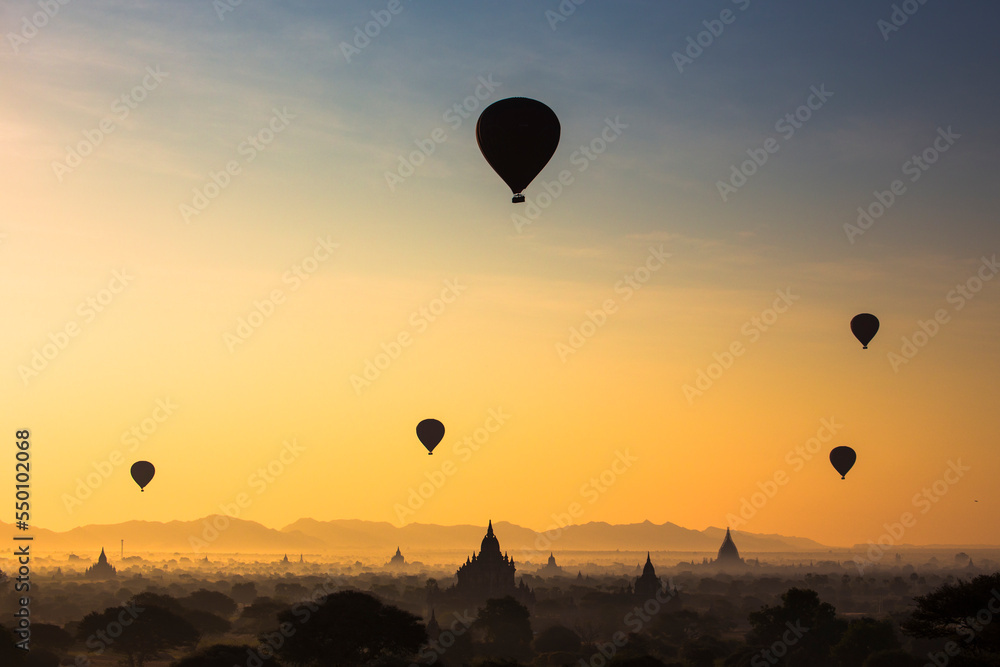 Hot air balloons over the temples of Bagan, Myanmar.