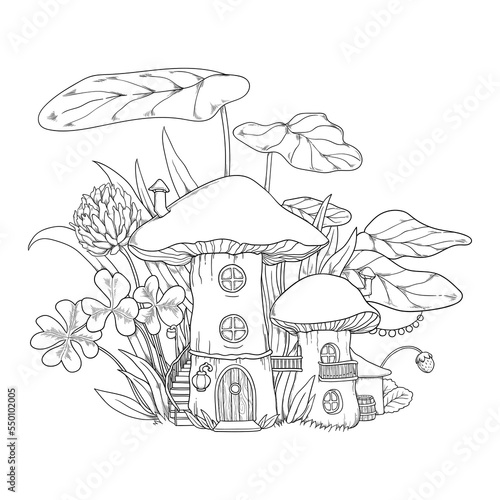 Vector fantasy illustration with mushroom houses in grass. Coloring page with little fairy-tale forest town.