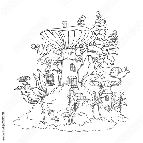Vector fantasy illustration with mushroom houses in grass. Coloring page with little fairy-tale forest town.