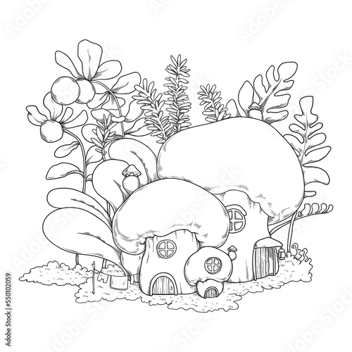 Vector fantasy illustration with mushroom houses in grass. Coloring page with little fairy-tale forest town.