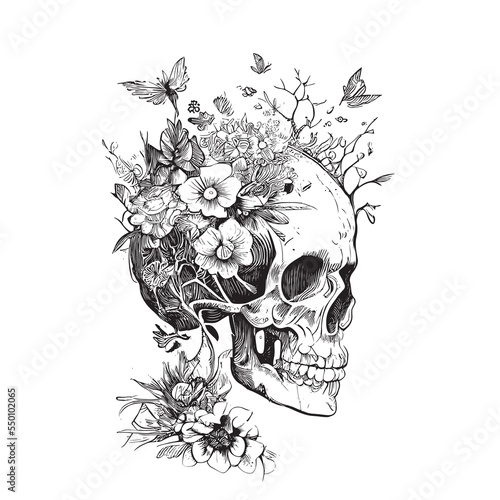 Human skull in flowers sketch hand drawn engraved style Vector illustration. photo