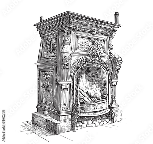 Vintage old fireplace sketch hand drawn engraved style Vector illustration.
