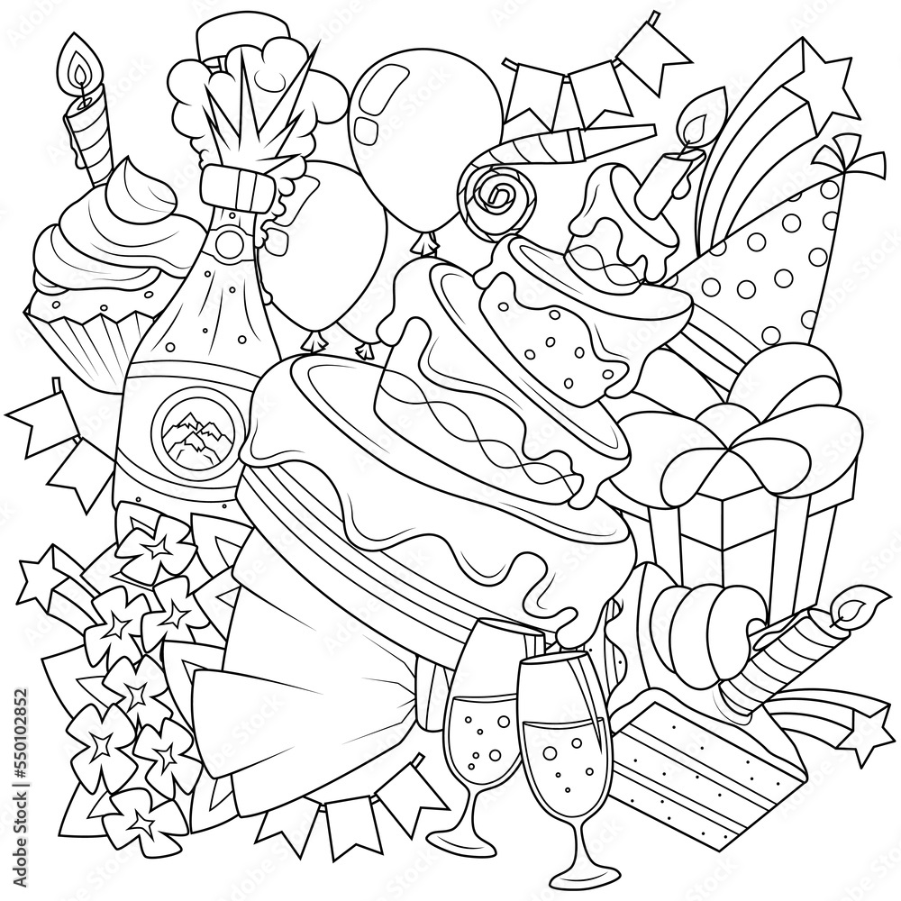 Doodle coloring page with birthday celebration elements. Funny party elements in cartoon style. Vector illustration