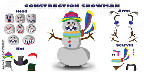 Christmas character. Evil, kind, cheerful, cunning snowman. Constructor. Body parts and accessories, vector top hat and tie, scarf and santa hat, snowballs and hands, winter holiday. Do it yourself