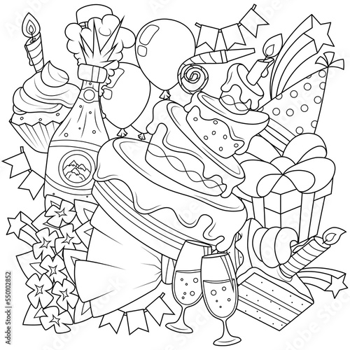 Doodle coloring page with birthday celebration elements. Funny party elements in cartoon style. Vector illustration