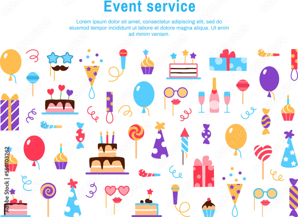 Event service background with text space. Birthday party carnival festival celebration banner or web page with fun colorful flat elements cake cupcake present balloons mask candy vector illustration. Event service background with text space. Birthday party carnival festival celebration banner or web page with fun colorful flat elements cake cupcake present balloons mask candy vector illustration.