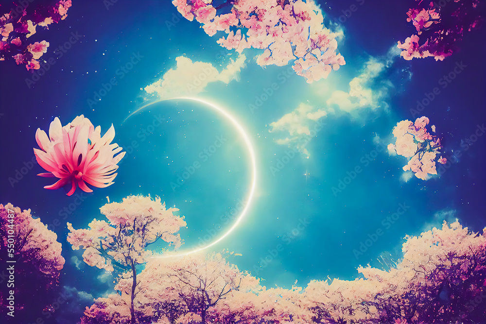 A spring sky is depicted in an abstract way with a circular zodiac. Flowers and symbols of spring are included for horoscopes related to this magical season.