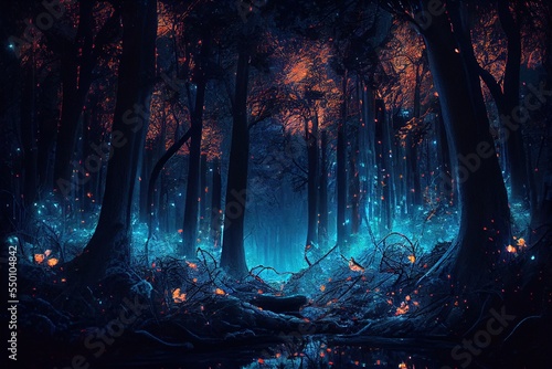 Mystical magical blue forest at night with glowing lights photo
