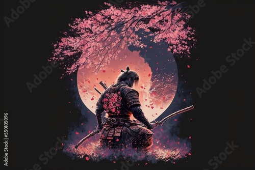 A samurai warrior kneeling down in front of a pink moon and a blossom tree, Black background photo