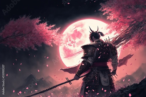 A samurai with a katana standing in front of a pink moon with sakura trees